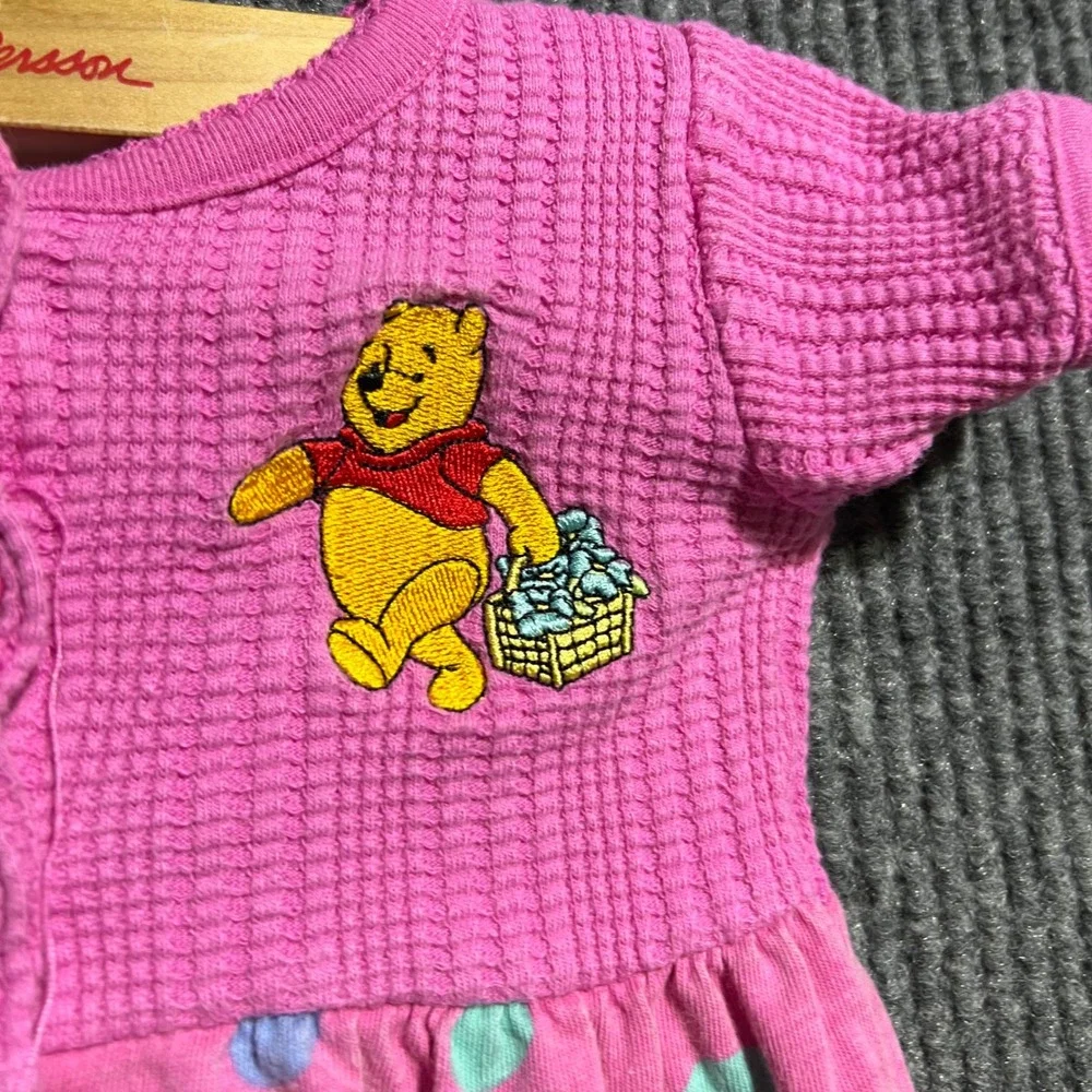 Vintage Winnie The Pooh Romper Kids 9M Pink Polka Dot Waffle Knit Embroidered